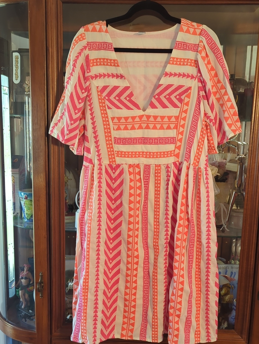 Old Navy Pink and Coral Geometric V-Neck Midi Dress
